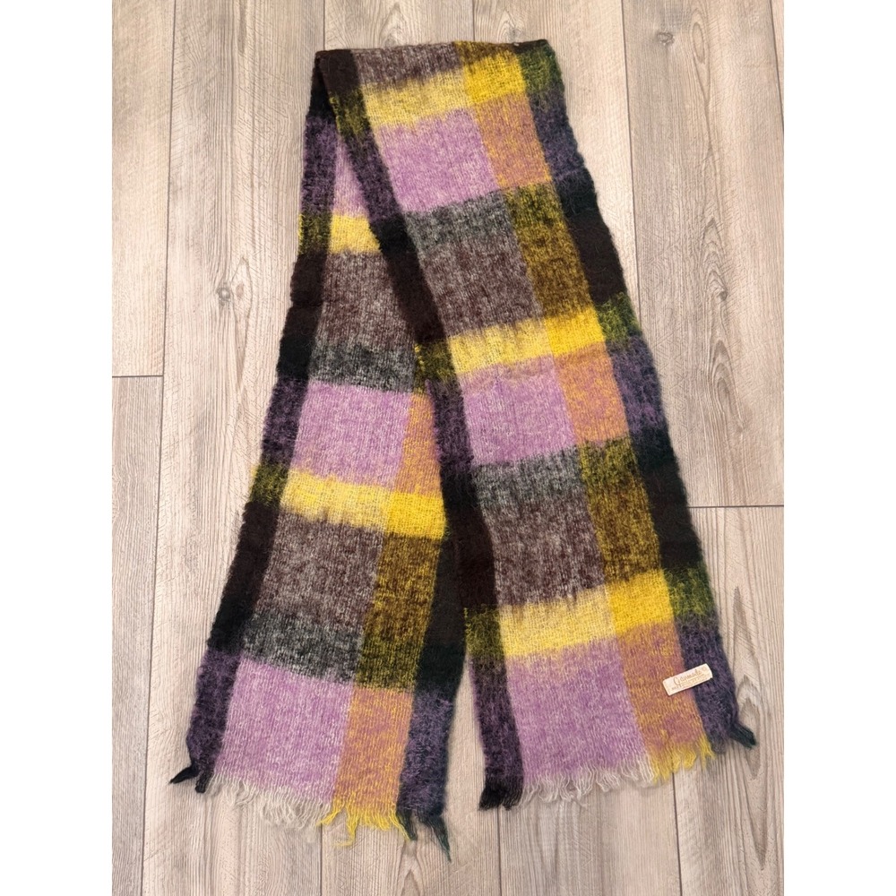 Vintage Italy Wool Blend Plaid Scarf Purple Yellow Plaid Fuzzy Mohair Style